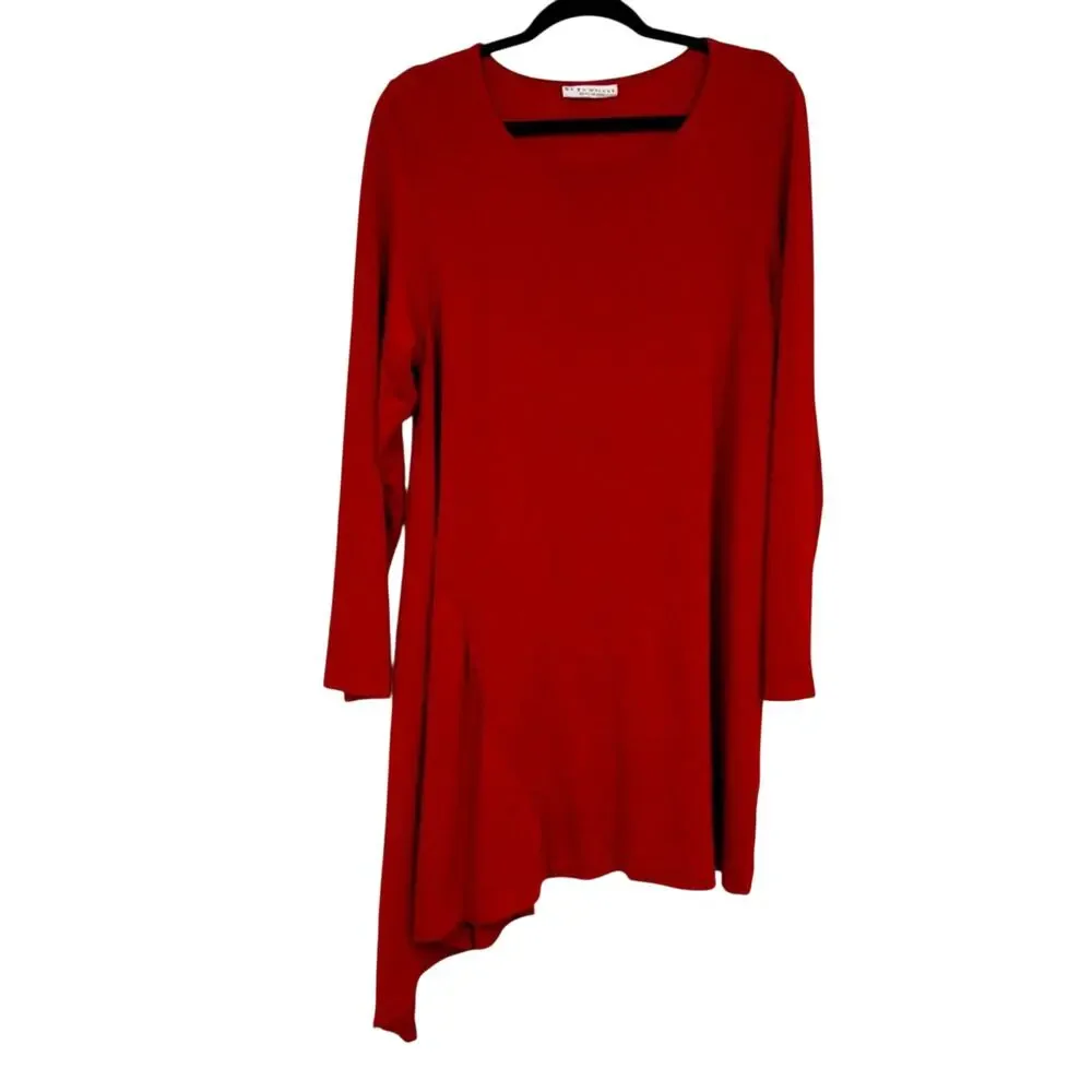 Bryn Walker Red Asymmetrical Hem Lagenlook Blouse Womens L Casual Long Sleeve